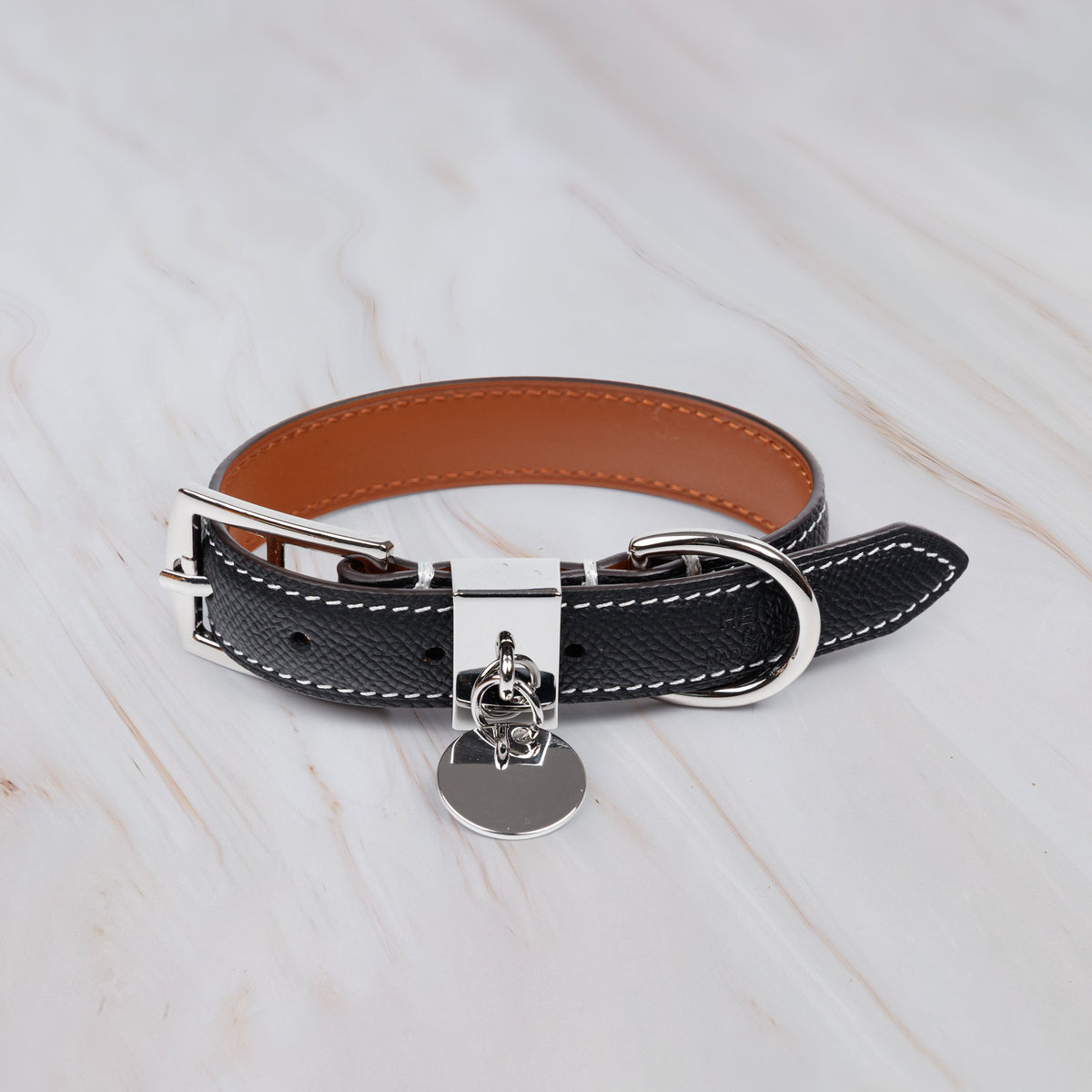 Black genuine leather dog collar with a silver buckle 