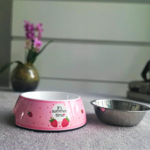 Colorful Cartoon Double-Deck Feeding and Drinking Dog Bowl - Pink Strawberry