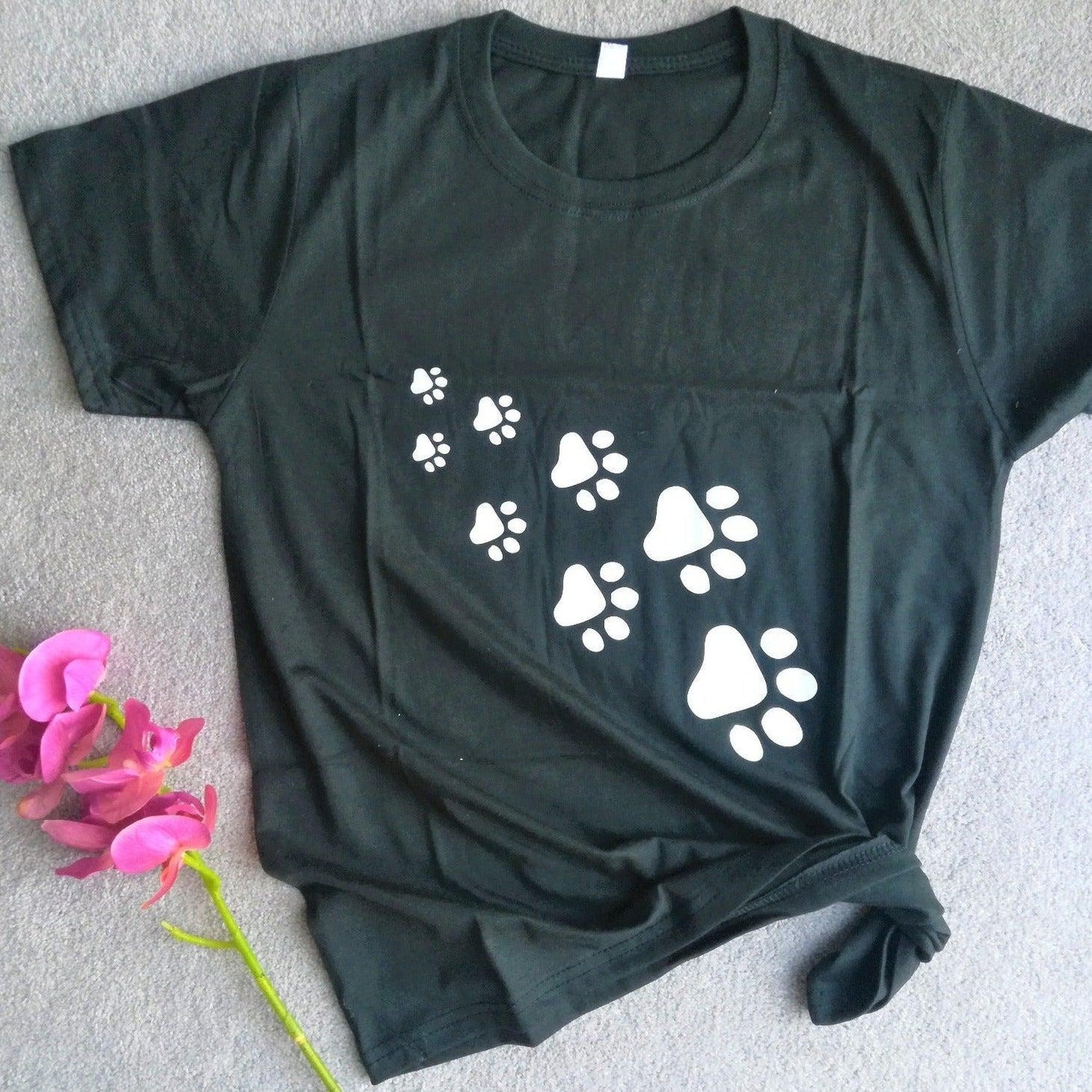 Dog Cat Paws Print Casual Tshirt - Black