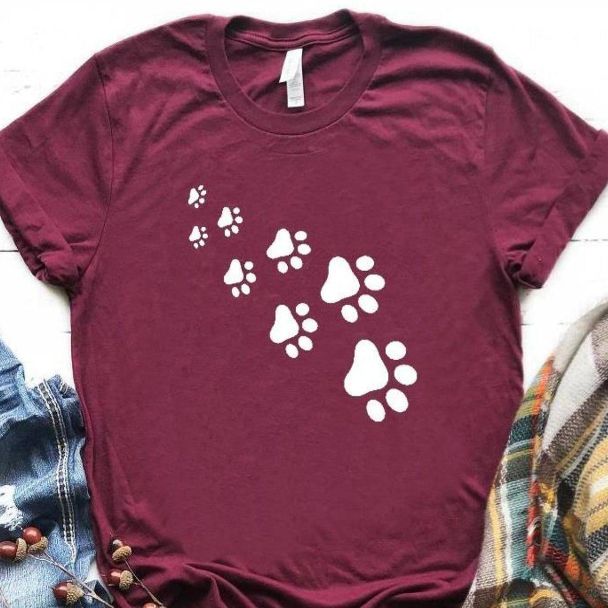 Dog Cat Paws Print Casual Tshirt - Bordeaux