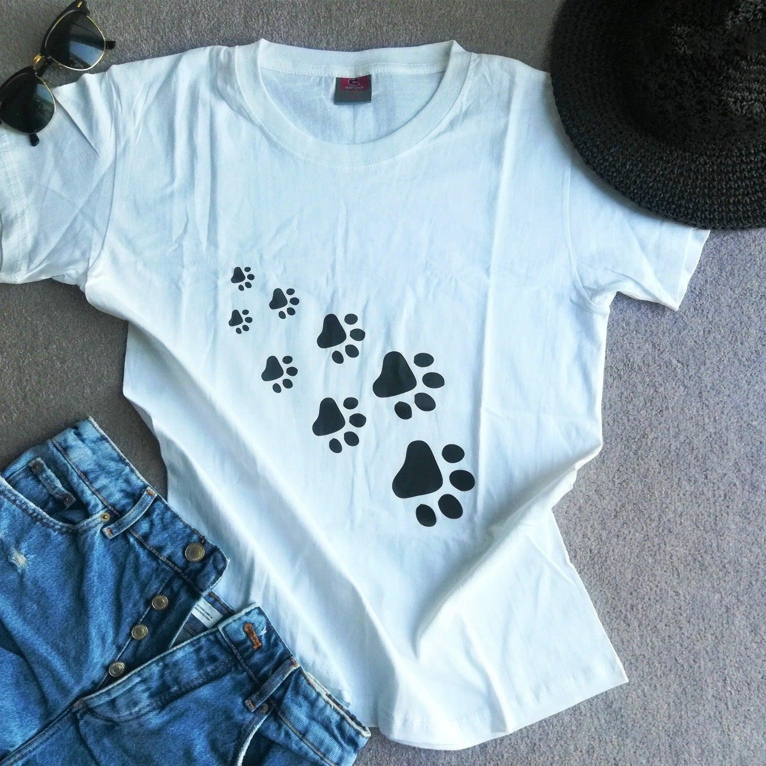 Dog Cat Paws Print Casual Tshirt - White
